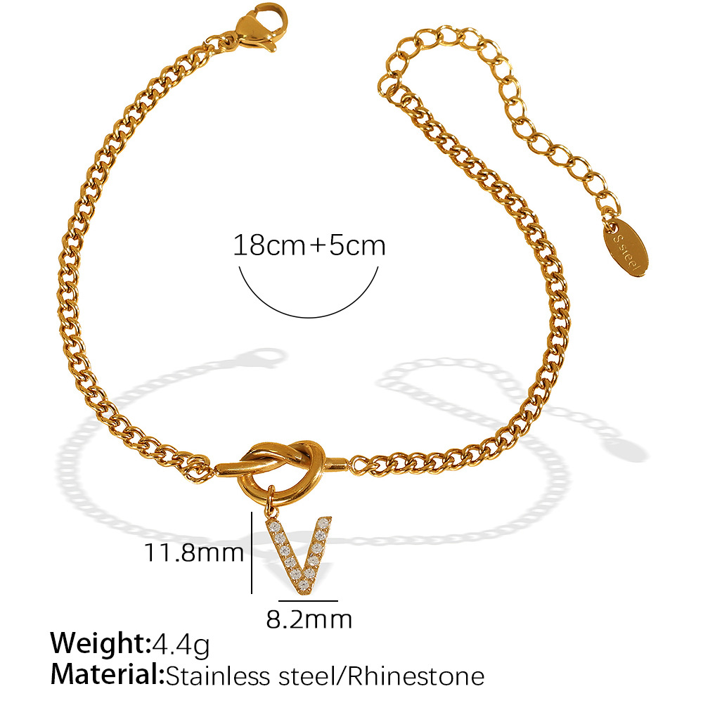 Gold color / 1 Piece Simple Series Simple Letter V Stainless Steel 18K Gold Color Plated Rhinestone Women's Charm Bracelets Picture22